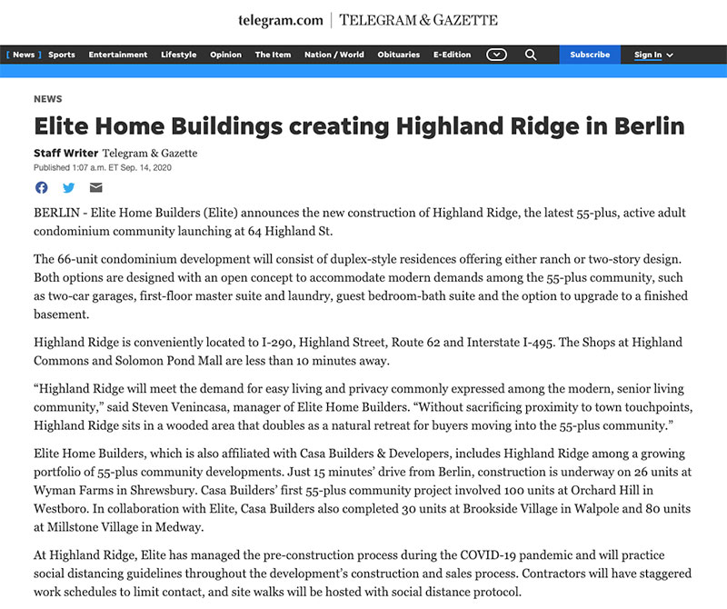 Highland Ridge Berlin Featured in Telegram News